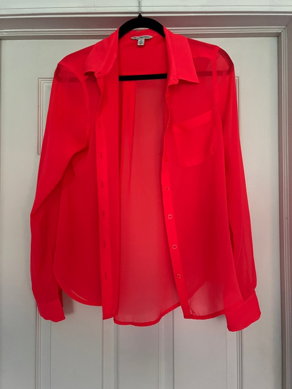American Eagle Outfitters Sheer Button-Down Shirt in Bright Red